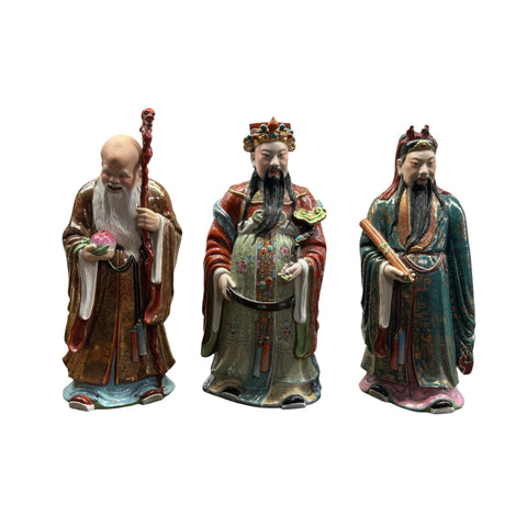 Set of 3 Vintage Chinese Color Porcelain Fu Lu Shou Fengshui Display Figure ws4400S