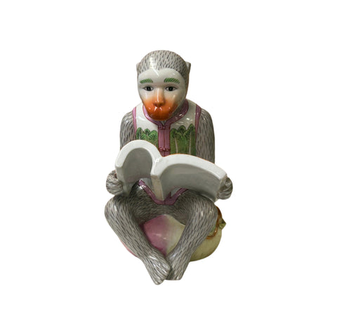 Vintage Oriental Gray Base Color Monkey Reading Book Ceramic Art Figure ws4404S