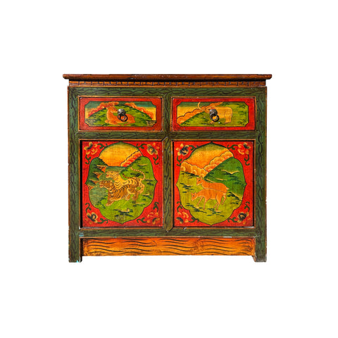 Vintage Oriental Tibetan Style Animal Graphic Credenza Side Table Cabinet ws4432S