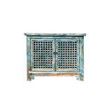 Distressed Fade Turquoise Blue Latticewook Doors Credenza Storage Cabinet ws4448S