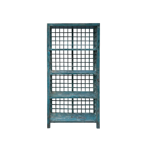 Distressed Teal Blue Green Grid Style Back Side Bookcase Display Cabinet ws4473S