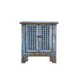 Distressed Ink Light Blue Grid Pattern Doors End Table Nightstand Cabinet ws4483S