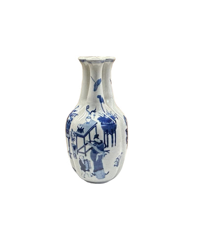 Blue White Oriental People Graphic 3 Mouths Porcelain Art Vase ws4815S