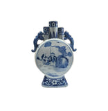 Blue White Oriental People Graphic Flat Round 3 Mouths Porcelain Art Vase ws4816S