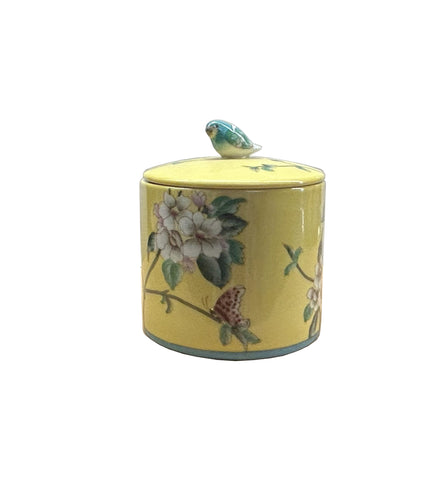 4.25" Yellow Flower Bird Graphic Porcelain Round Container Box ws4822S