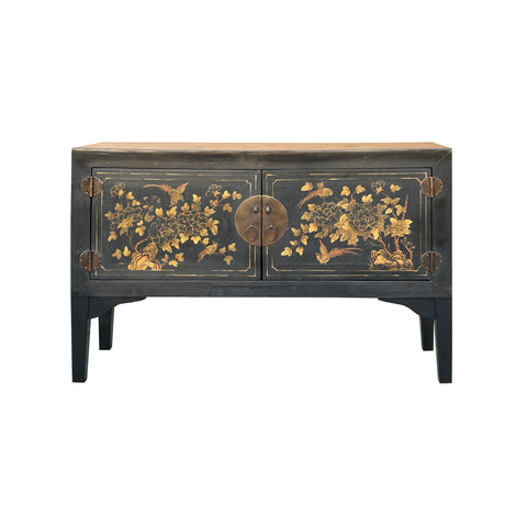 Vintage Black Base Golden Flower Birds Graphic Credenza Console Table ws4824S