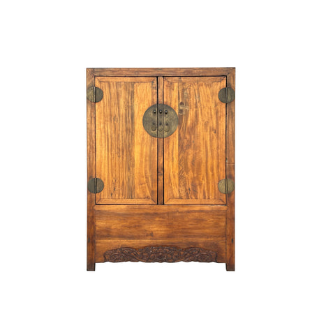 70" Vintage Chinese Natural Wood Brown Moon Face Cabinet Armoire ws4825S