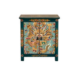 Tibetan Oriental Teal Blue Aqua Dragon Head Graphic End Table Nightstand ws4829S