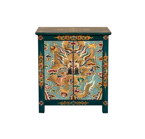 Tibetan Oriental Teal Blue Aqua Dragon Head Graphic End Table Nightstand ws4829S