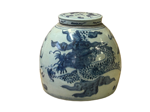 Chinese Vintage Oriental Blue White Dragon Flat Base Round Porcelain Ginger Jar ws4831S