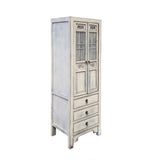 Distressed Off White Narrow Wood Carving Shutter Doors Storage Cabinet cs7482S