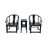 Chinese Distressed Black Lacquer Horseshoe Back Armchair Table 3 Pcs Set cs7660S