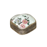 3.5" Chinese Old White Base Pink Flower Graphic Porcelain Art Pewter Box ws3946S