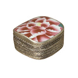 3.5" Chinese Old White Base Red Flower Graphic Porcelain Art Pewter Box ws3948S