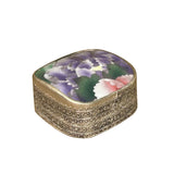 3.5" Chinese Old White Base Purple Flower Porcelain Art Pewter Box ws3960S