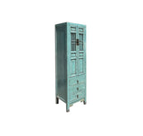 Distressed Turquoise Blue Slim Wood Carving Shutter Doors Storage Cabinet ws4051S