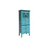 Distressed Aqua Blue Slim Wood Carving Shutter Doors Storage Cabinet ws4067S