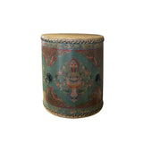 Distressed Chinese Tibetan Drum Shape Turquoise Aqua Floral Side Table ws4143S