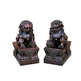 Pair Chinese Dark Brown Bronze Metal Foo Dog Lion Fengshui Figures ws4200S