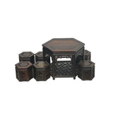 Chinese Set of 7 Hexagonal Table Stools Wood Miniature Display Art ws4277S