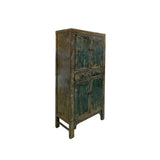 Distressed Olive Green Rim Teal Blue Doors Storage Cabinet ws4319S