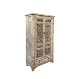 Distressed Gray White See-Through Floral Carving Doors Storage Cabinet ws4323S