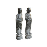 Pair Black Gray Stone Carved Standing Monk Arhat Lohan Statues ws4335PS