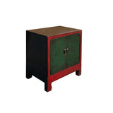 Vintage Distressed Chinese Red Rim Green Doors Side Table Cabinet ws4336S