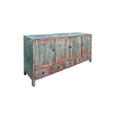 Distressed Refinished Light Teal Green Red Marks Credenza Console Cabinet ws4382S