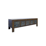 Brown Solid Wood Flower Carving 5 Drawers Blue Marks Low TV Stand Cabinet ws4388S