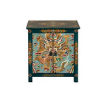 Tibetan Oriental Teal Blue Aqua Dragon Head Graphic End Table Nightstand ws4829S