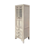 Distressed Off White Narrow Wood Carving Shutter Doors Storage Cabinet cs7482S