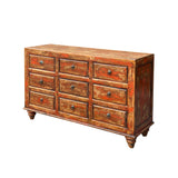 Orange Brown Rustic Vintage 9-Drawer Wooden Dresser – Distressed Farmhouse Storage Cabinet cs1977S