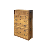 Vintage Brown Wood Hardware Accent 3 Stack Tansu Chest Cabinet ws3852S