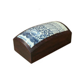 Chinese Old White Base Blue Scroll Flowers Porcelain Brown Wood Box ws3903S