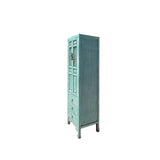 Distressed Turquoise Blue Slim Wood Carving Shutter Doors Storage Cabinet ws4051S