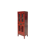 Distressed Brick Red Slim Wood Carving Shutter Doors Storage Cabinet ws4060S