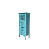 Distressed Aqua Blue Slim Wood Carving Shutter Doors Storage Cabinet ws4067S