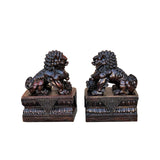 Pair Chinese Dark Brown Bronze Metal Foo Dog Lion Fengshui Figures ws4200S