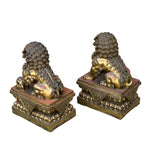 Pair Chinese Light Brown Copper Metal Foo Dog Lion Fengshui Figures ws4201S