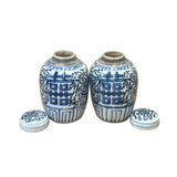 Pair Oriental Blue White Porcelain Double Happiness Character Jars ws4239S