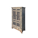 Distressed Gray White See-Through Floral Carving Doors Storage Cabinet ws4323S