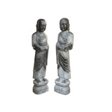 Pair Black Gray Stone Carved Standing Monk Arhat Lohan Statues ws4335PS