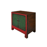 Vintage Distressed Chinese Red Rim Green Doors Side Table Cabinet ws4336S