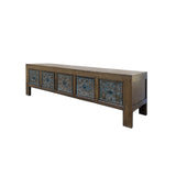 Brown Solid Wood Flower Carving 5 Drawers Blue Marks Low TV Stand Cabinet ws4388S