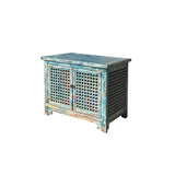 Distressed Fade Turquoise Blue Latticewook Doors Credenza Storage Cabinet ws4448S