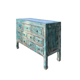 Distressed Turquoise Blue Stone Top 11 Drawers Credenza Sideboard Cabinet ws4463S