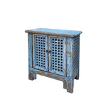 Distressed Ink Light Blue Grid Pattern Doors End Table Nightstand Cabinet ws4483S