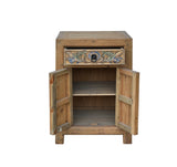 Chinese Rustic Raw Wood Flower Carving Nightstand Side Table Cabinet cs1317S