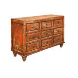 Orange Brown Rustic Vintage 9-Drawer Wooden Dresser – Distressed Farmhouse Storage Cabinet cs1977S